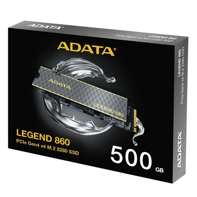 ADATA Legend 860 500GB NVMe SSD, PCIe Gen4, M.2 2280, sleek packaging design with performance graphics