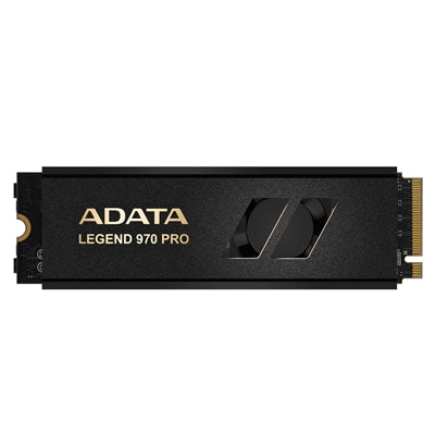 ADATA Legend 970 2TB PCIe Gen 5 NVMe SSD with dual-layer active cooling, M.2 2280, black and gold design.