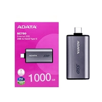 Black titanium ADATA SC750 1TB USB-C portable SSD with USB 3.2 Gen 2, features fast data transfer up to 1000 MB/s.