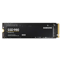 Samsung 980 500GB NVMe SSD, M.2 2280, PCIe Gen3, read 3100MB/s, write 2600MB/s, black metal casing.