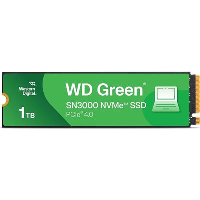 WD Green SN3000 1TB NVMe SSD PCIe Gen4 M.2 2280 with 5000MB/s read speed, green and black design.
