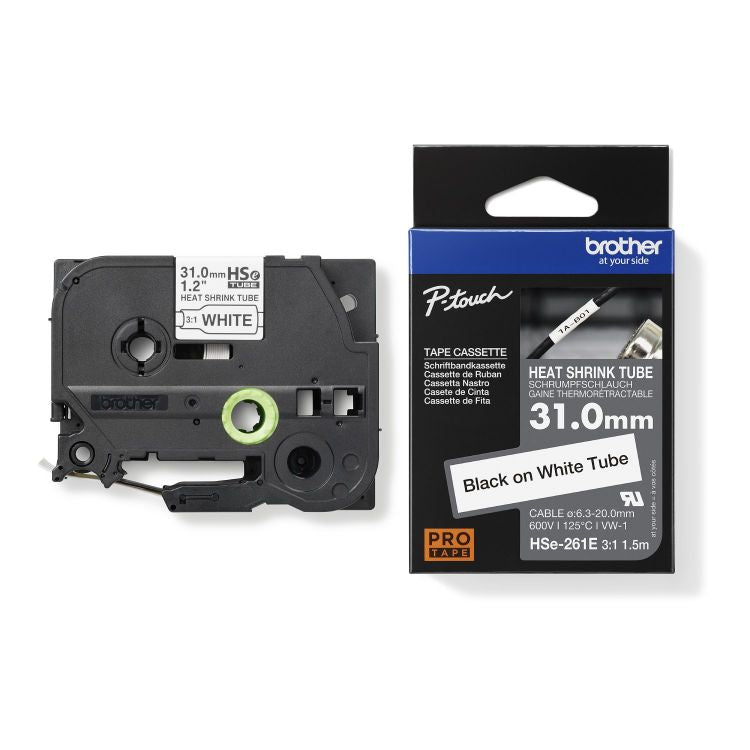 Brother HSE-261E 31mm Black on White Heat Shrink Tube