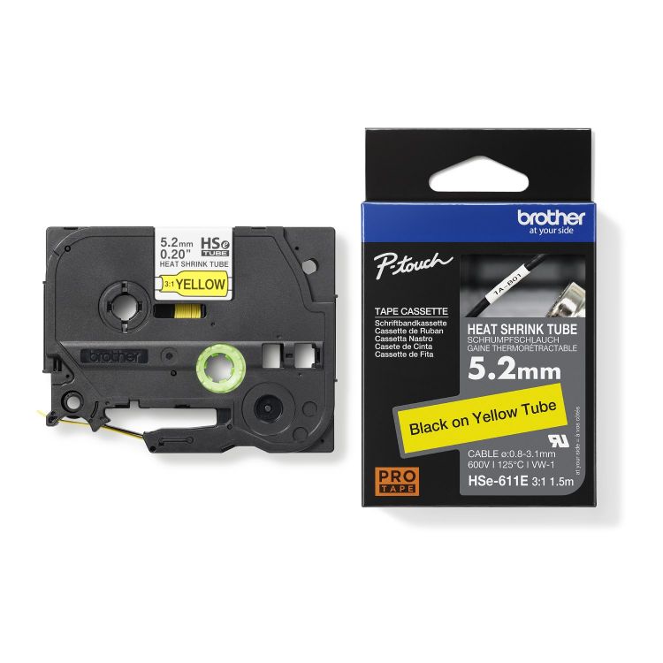 Brother HSE-611E 5.2mm Black on Yellow Heat Shrink Tube