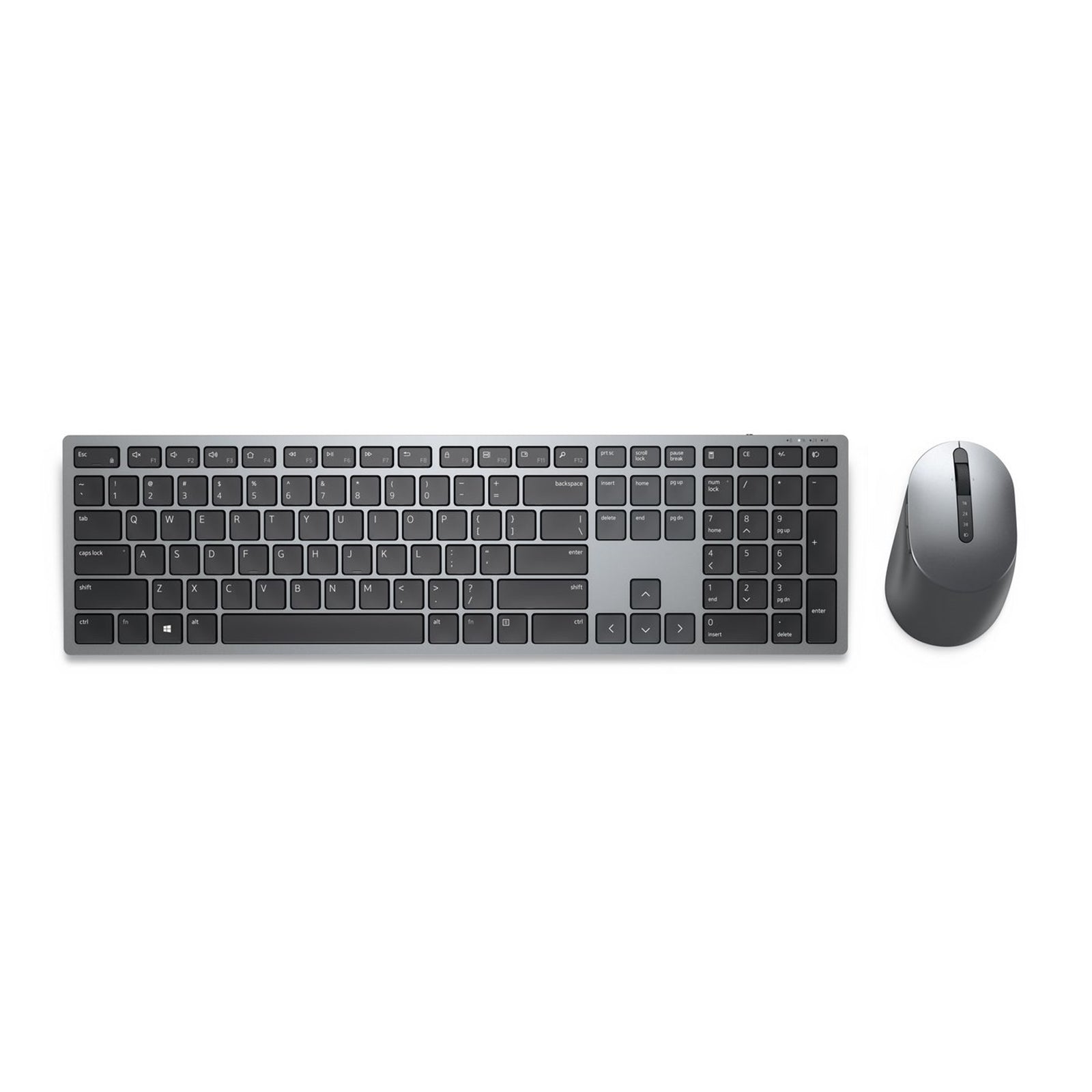 Dell KM7321W Premier wireless keyboard and mouse combo in silver with QWERTY UK layout and 12 programmable keys.