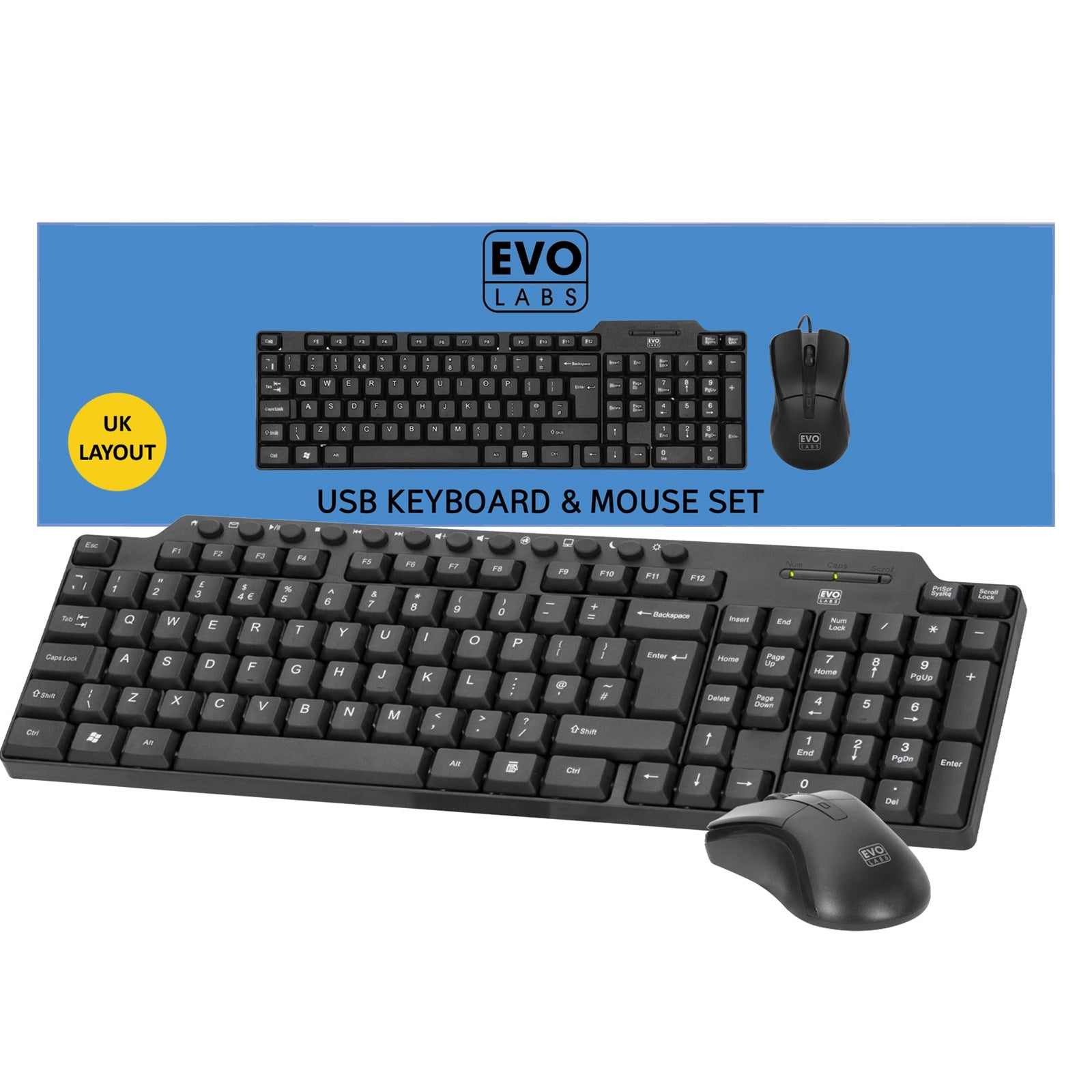 Evo Labs USB Wired Keyboard Mouse Combo UK QWERTY Full Size Black