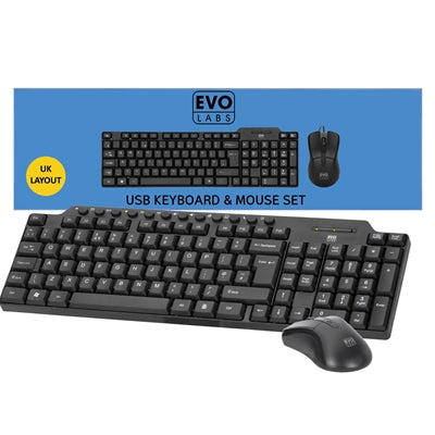 Evo Labs USB Wired Keyboard Mouse Combo UK QWERTY Full Size Black