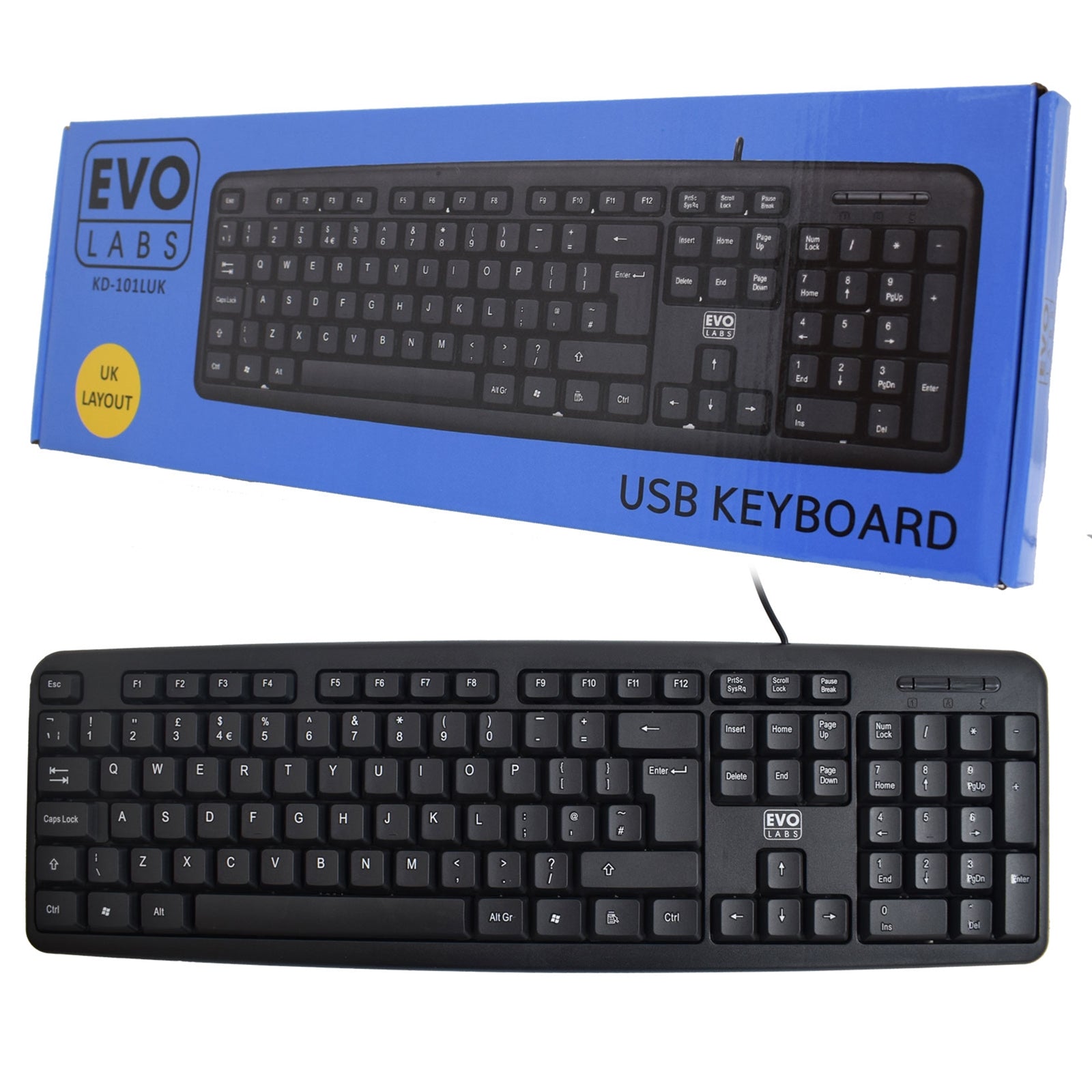 Evo Labs USB Wired Keyboard - Full Size UK QWERTY 107 Key Black