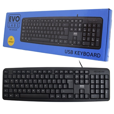 Evo Labs USB Wired Keyboard - Full Size UK QWERTY 107 Key Black
