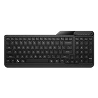 HP 475 Dual-Mode Wireless Keyboard in black, QWERTY UK layout, pairs with 3 devices, features 12 programmable keys.