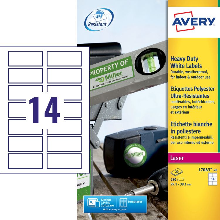 Avery L7063-20 Resistant Labels 20 sheets - 14 Labels per Sheet