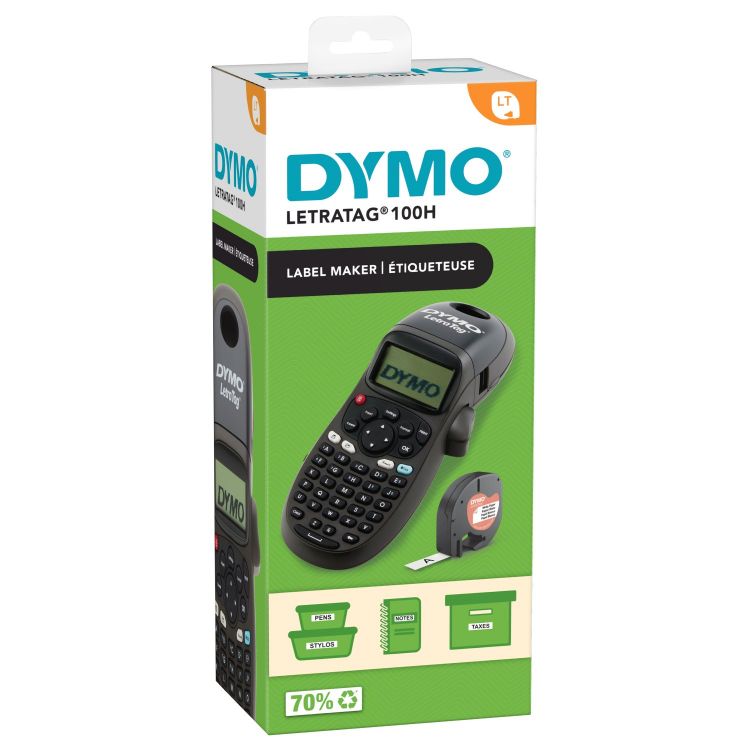 Black Dymo Letratag LT100-H label maker with LCD display and QWERTY keyboard for home and office use