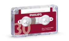 Philips LFH0005 pack of 10 Minicasettes for dictation, compact design, black with clear labeling.