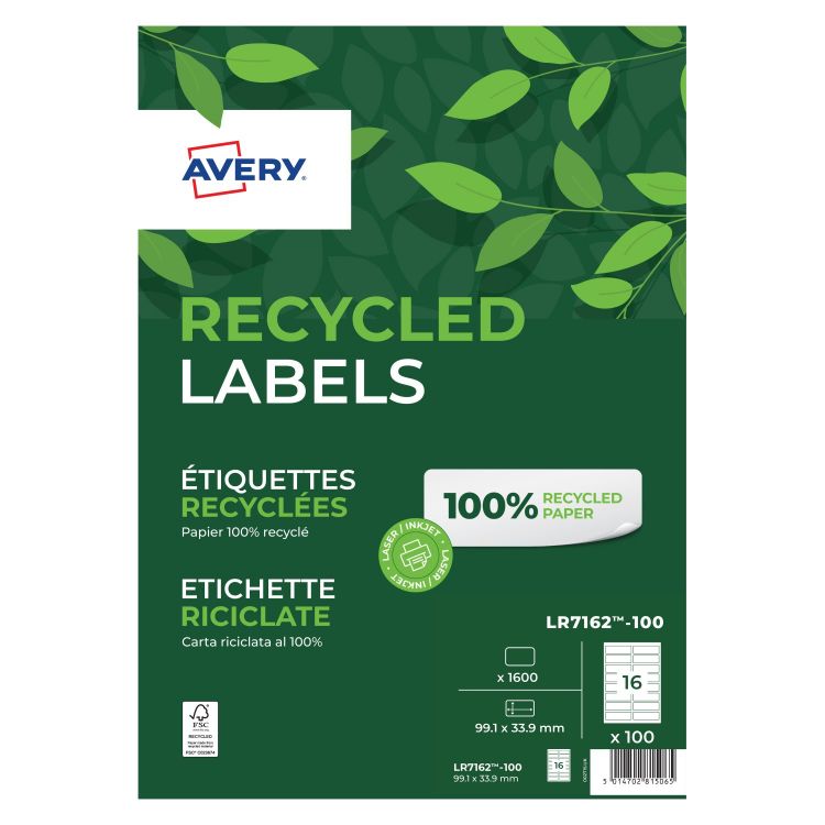Avery LR7162-100 Recycled Address Labels 100 sheets - 16 Labels per Sheet