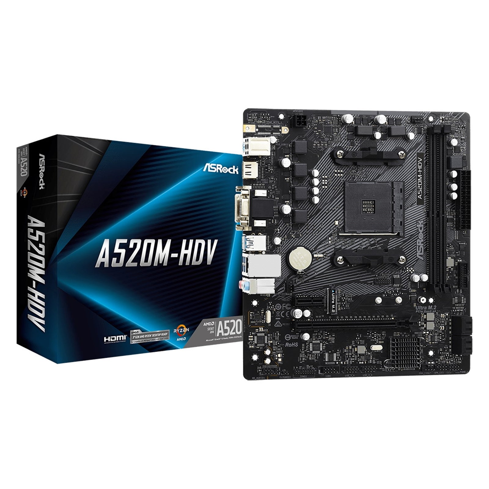 ASRock A520M-HDV AM4 Micro-ATX Motherboard - DDR4, 6-Phase Power