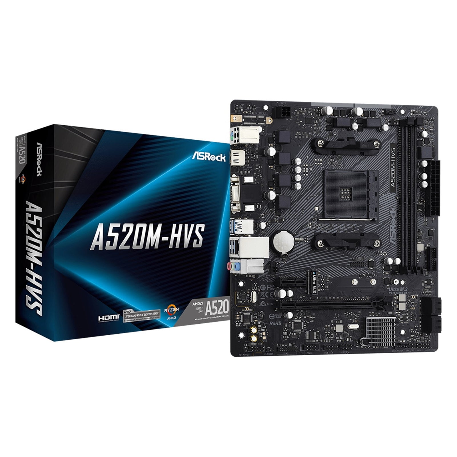 ASRock A520M-HVS AM4 Micro-ATX Motherboard - DDR4, 6-Phase, M.2