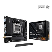 ASRock A620AI WIFI Mini-ITX motherboard with AMD AM5 socket, 2x DDR5 slots, 1x M.2 socket, and HDMI port.