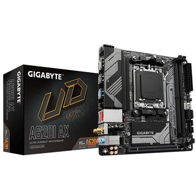 GIGABYTE A620I AX Mini-ITX motherboard with AMD5 socket, 2x DDR5 slots, 1x M.2 socket, and 2.5GbE LAN.