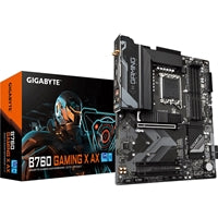 Gigabyte B760 GAMING X AX motherboard, ATX, 4x DDR5 slots, 3x M.2 sockets, 2x USB-C, Wi-Fi 6E, black design.