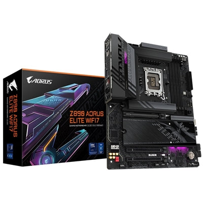 Gigabyte Z890 AORUS ELITE WIFI7 ATX motherboard with 4x DDR5 slots, 4x M.2 sockets, Wi-Fi 7, and USB-C ports.