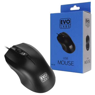 Evo Labs Wired USB Optical Mouse - 800 DPI, 3-Button, Matte Black