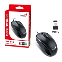 Black Genius DX-110 USB-C wired optical mouse, 1000 DPI, 3-button, ambidextrous design, lightweight at 85g.