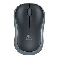 Logitech M185 wireless optical mouse in black with 12-month battery life and 2.4GHz connectivity.