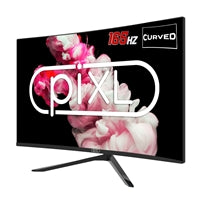 27-inch piXL curved gaming monitor with 165Hz refresh rate, 1080p FHD resolution, and black finish.