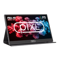 15.6-inch PIXL Full HD portable monitor with USB-C, Mini HDMI, built-in speakers, and foldable case.