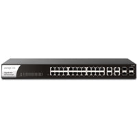 Black 24-port gigabit smart managed switch with 4 SFP+ slots by DrayTek for seamless business networking.