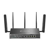 TP-Link Omada ER706WP-4G VPN gateway with 4 ports, 4G+ Cat6, and three antennas, compact black design