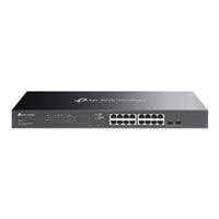 TP-Link Omada SG2218P 18-port gigabit smart switch with 16-port PoE in sleek black design.