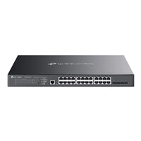 TP-Link Omada SG3428XPP-M2 24-Port L2+ Managed Switch with 16-Port PoE+ and 4-Port 10GE SFP+ in black.