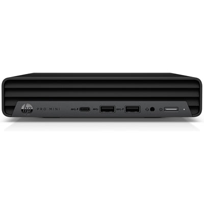 HP Pro Mini 400 G9 desktop in sleek black with multiple USB ports, featuring Intel i3-13100T and 8GB RAM.