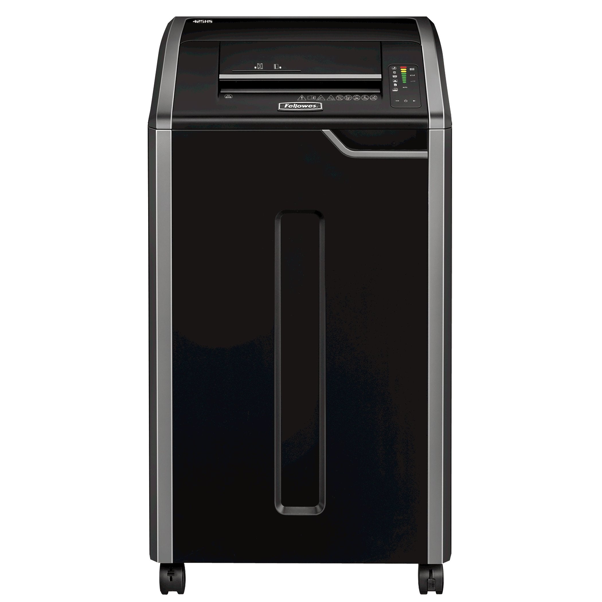 Fellowes Powershred 425Hs high security shredder with large capacity bin and sleek black design for office use.