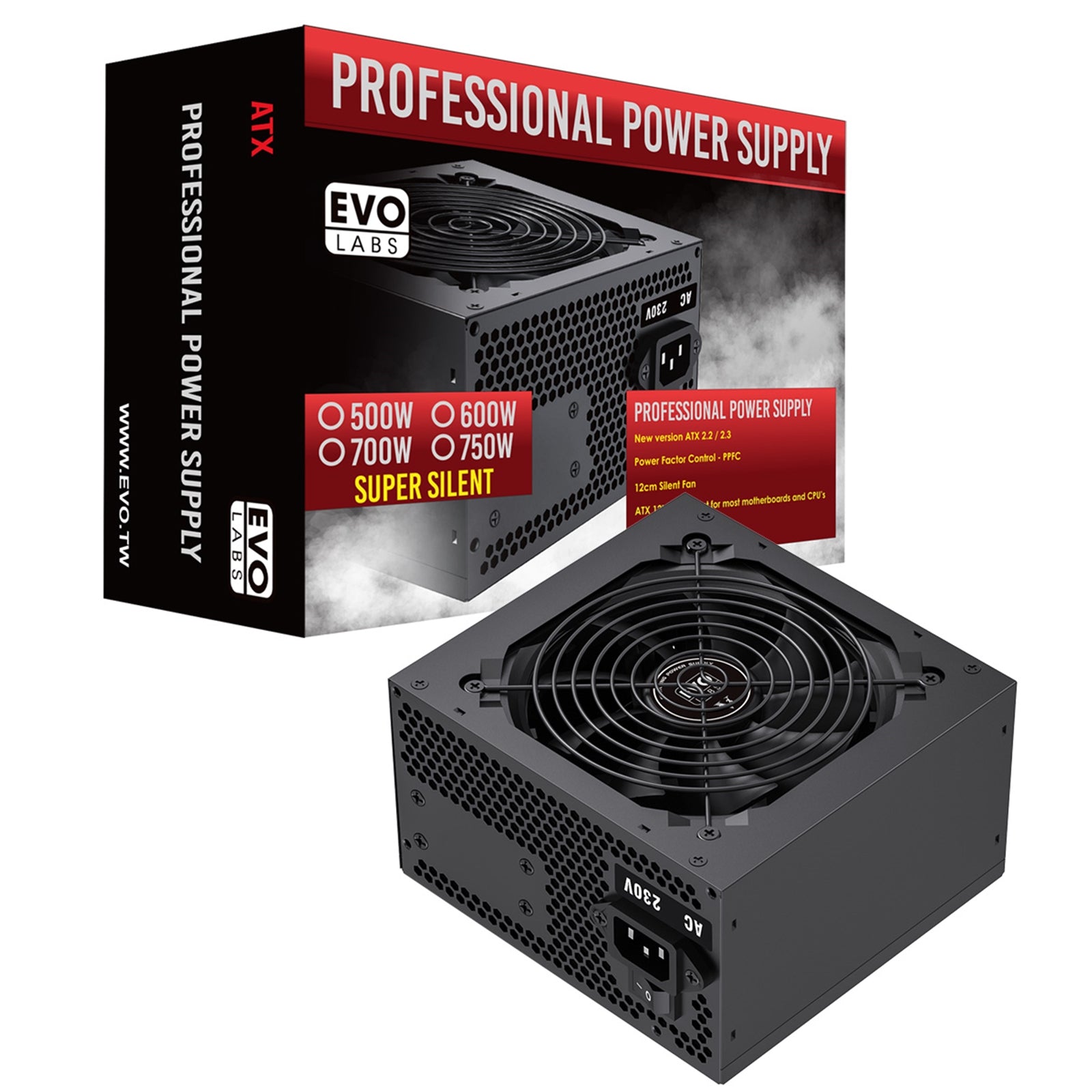 EVO LABS 600W ATX PSU - Black Silent 120mm Fan, Non-Modular, PFC