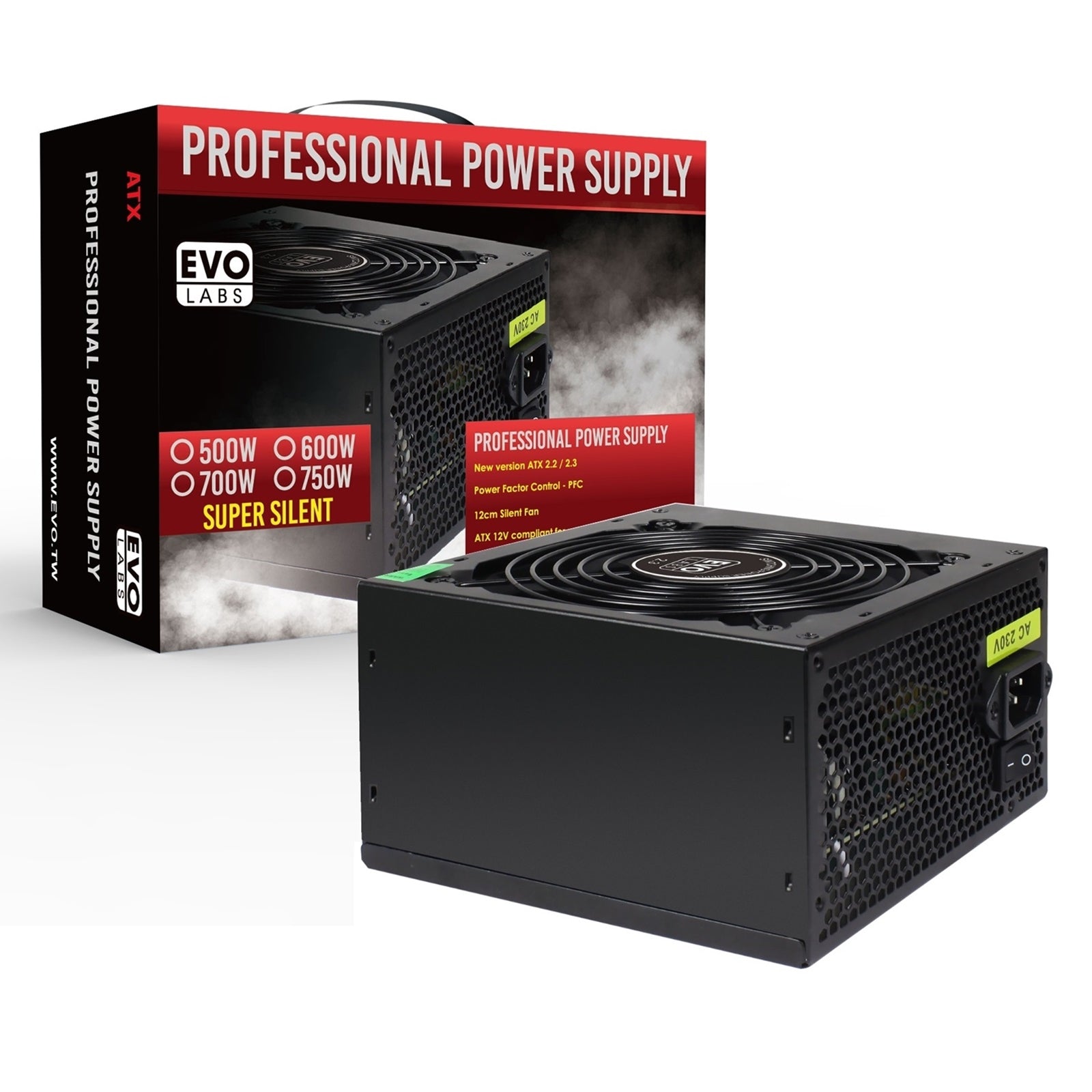 EVO LABS 750W ATX PSU - 120mm Silent Fan, Non-Modular, Black, PFC
