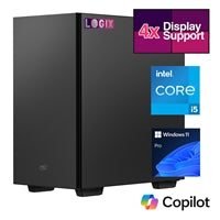 LOGIX Micro Tower PC with Intel i5, 16GB RAM, 500GB SSD, and support for 4 monitors, running Windows 11 Pro