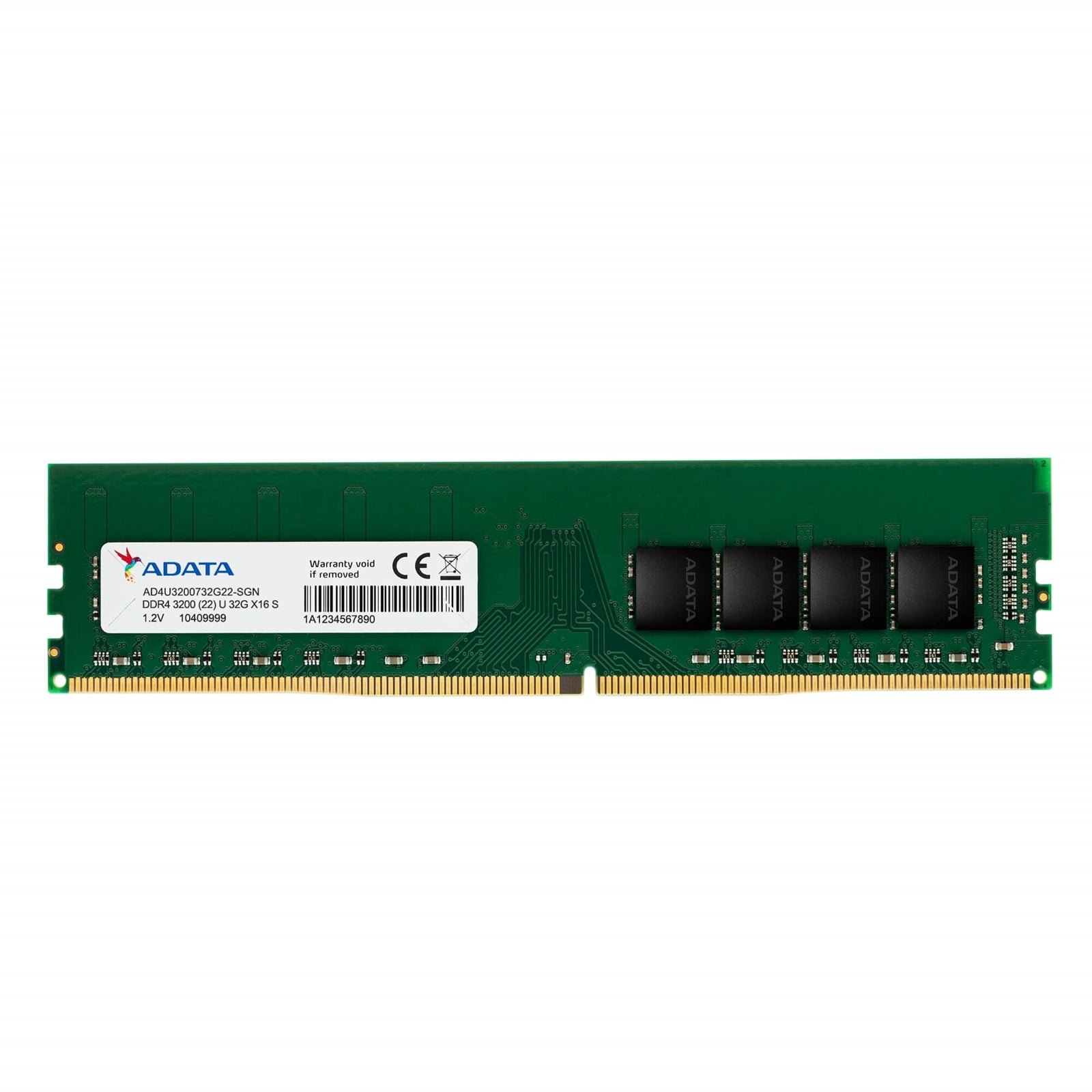 ADATA Premier 8GB DDR4 3200MHz DIMM desktop memory module with green PCB and low-voltage design.