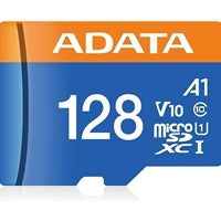 Adata Premier 128GB microSDXC UHS-I memory card with A1 performance and V10 speed rating.