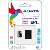 Adata Premier 64GB Micro SDHC UHS-I Class 10 memory card with adaptor, featuring colorful packaging design.