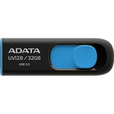 ADATA UV128 32GB USB 3.2 Gen 1 flash drive in black and blue design.