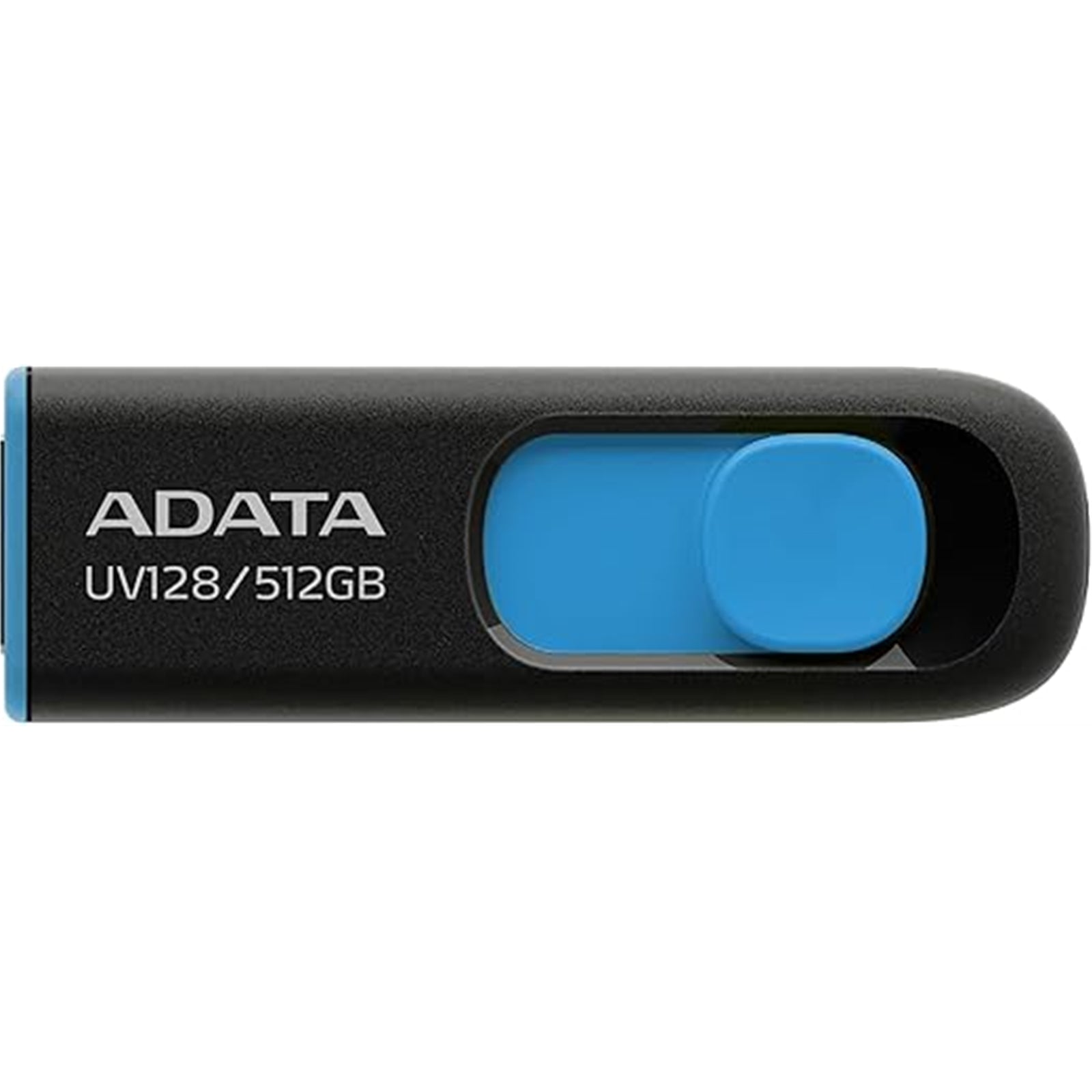 ADATA UV128 512GB black and blue USB 3.2 Gen 1 flash drive with push-and-pull design.