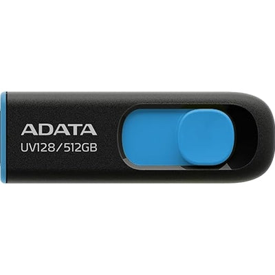 Black and blue ADATA UV128 512GB USB 3.2 Gen 1 flash drive with retractable design.
