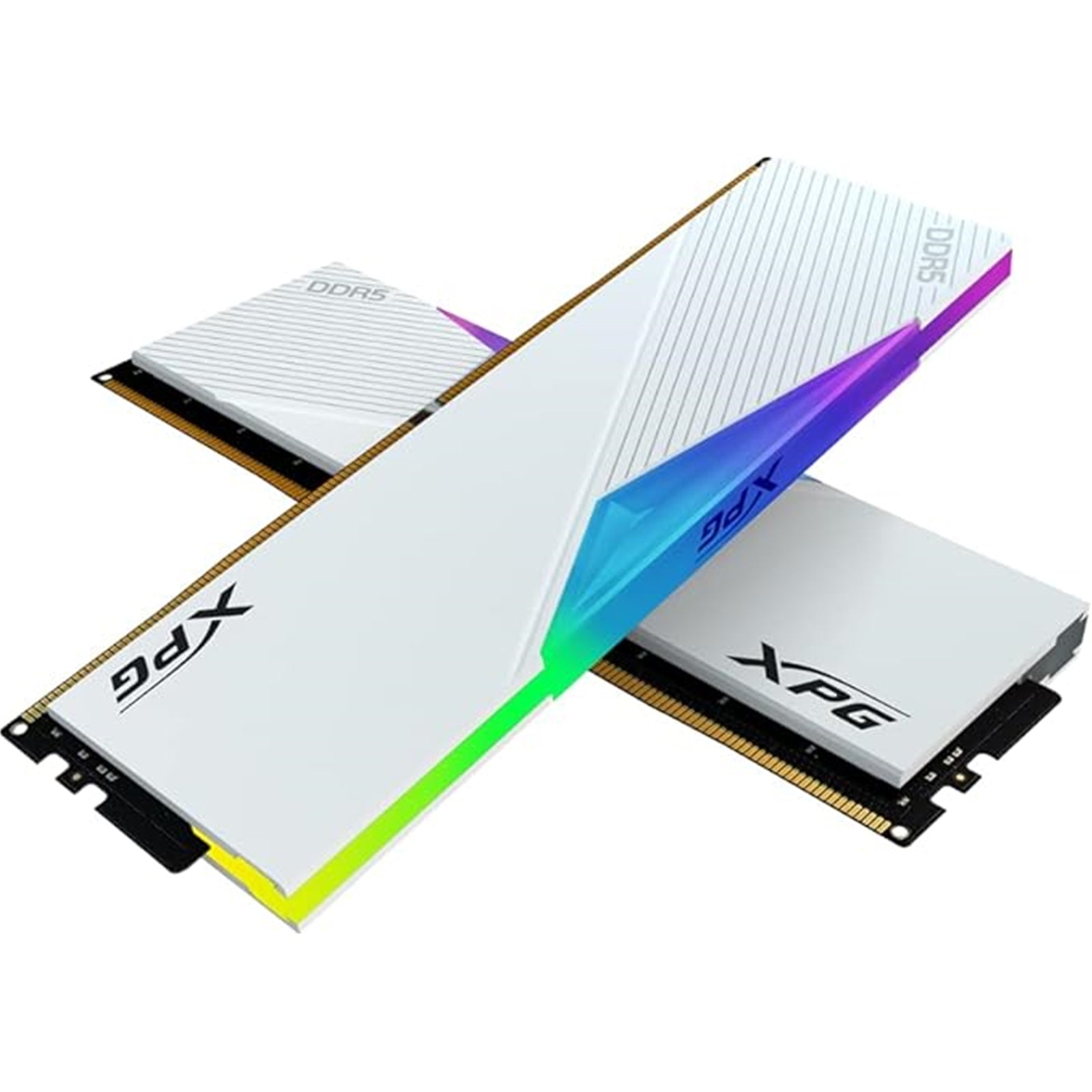 White ADATA XPG Lancer 64GB DDR5 6400MHz RGB gaming memory kit with sleek design and colorful lighting accents.