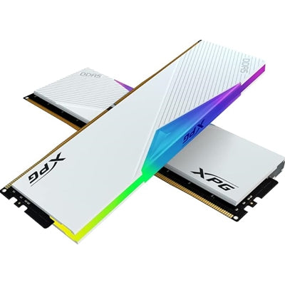 White ADATA XPG Lancer 64GB DDR5 6400MHz RGB gaming memory kit with two 32GB modules.