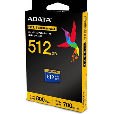 Adata Premier Extreme 512GB microSDXC card, SD7.1 Express, designed for Nintendo Switch 2, blue and yellow packaging.