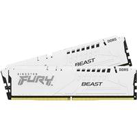 Kingston FURY Beast 32GB DDR5 RAM 5600MHz white DIMM kit, 2x16GB modules with gold accents.