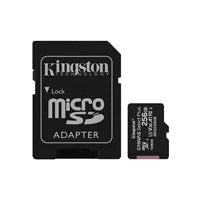Kingston Canvas Select Plus 256GB Micro SD card with adapter, UHS-I speed class, black color.