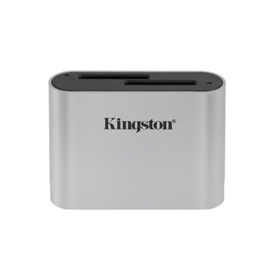 Silver Kingston Workflow SD Reader USB-C 3.2 for high-speed UHS-II card access, compatible with 4K and 8K video.