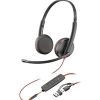 Poly Blackwire 3225 stereo headset with USB-C and 3.5mm plug, featuring a sleek black design.